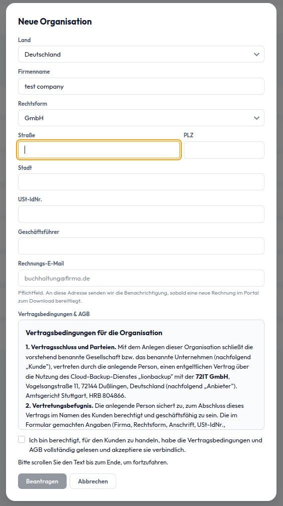 Organisation und Projekt im Portal anlegen