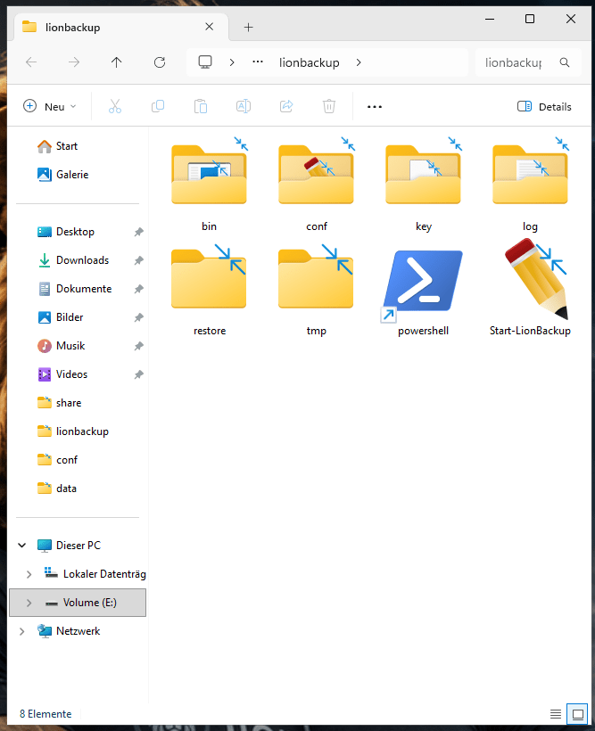 Explorer: C:/lionbackup mit Unterordnern